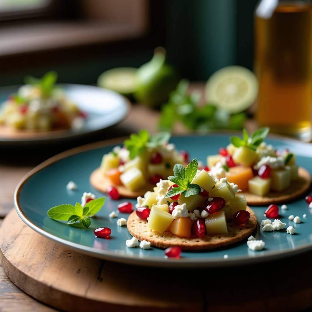 Ceviche de higos verdes en cubos con queso feta desmenuzado, semillas de granada y cilantro fresco, servido en tostadas de maíz azul. Plato colorido y fresco, receta mexicana dulce-salada sin cocción.