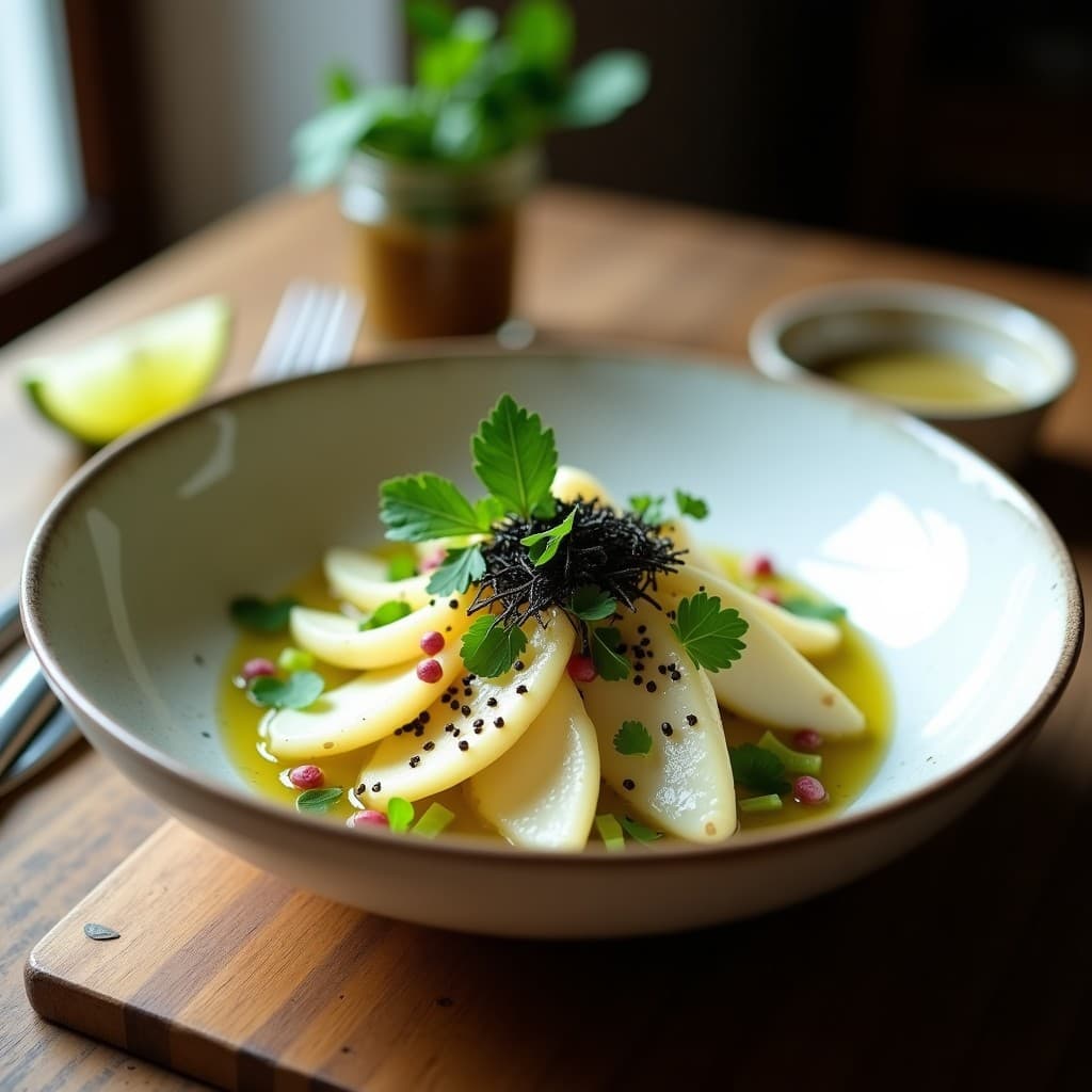 Ceviche de hongo Lion’s Mane en láminas blancas marinadas en leche de tigre de lima y jengibre, servido en plato hondo con cebolla morada, apio, cilantro, algas nori y nueces de Brasil picadas. Receta vegana neuroprotectora.