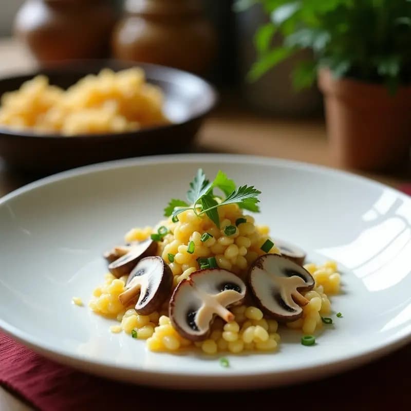 Ceviche vegano peruano de hongo ostra en copa de cristal, bañado en leche de coco y ají amarillo, decorado con cilantro fresco, rodajas de limón verde y anacardos tostados sobre fondo rústico.