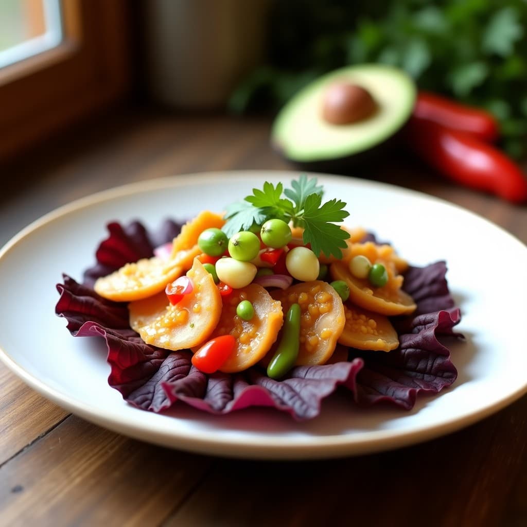 Ceiche de hongo ostreatus y lulo servido en un plato blanco sobre hojas de lechuga morada, con trozos de aguacate y cilantro fresco. Los hongos están en láminas gruesas bañadas en un jugo ácido de color naranja, rodeados de cebolla morada, tomate de árbol y pimentón rojo picados finamente. Receta vegana colombiana con toque ácido y vibrante.