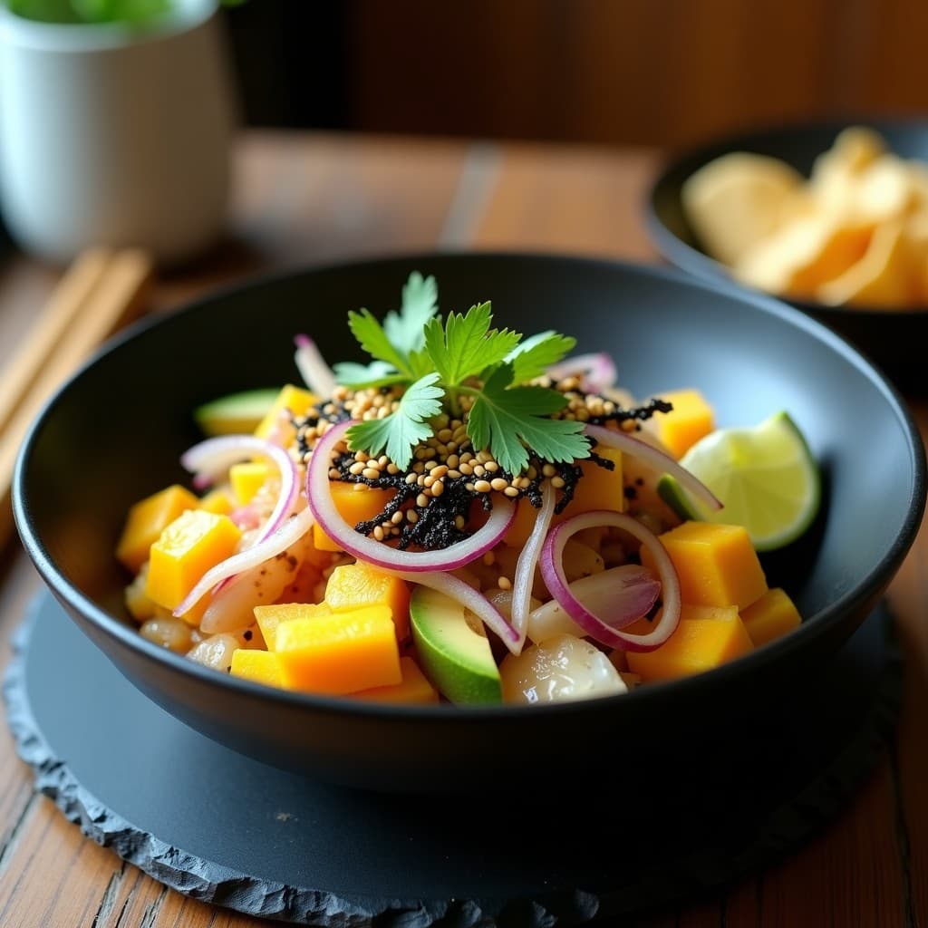 Plato de ceviche de hongo reishi y mango, fusion peruano-oriental crudivegana, con láminas de aguacate, semillas de sésamo negro y algas nori tostadas sobre fondo oscuro.