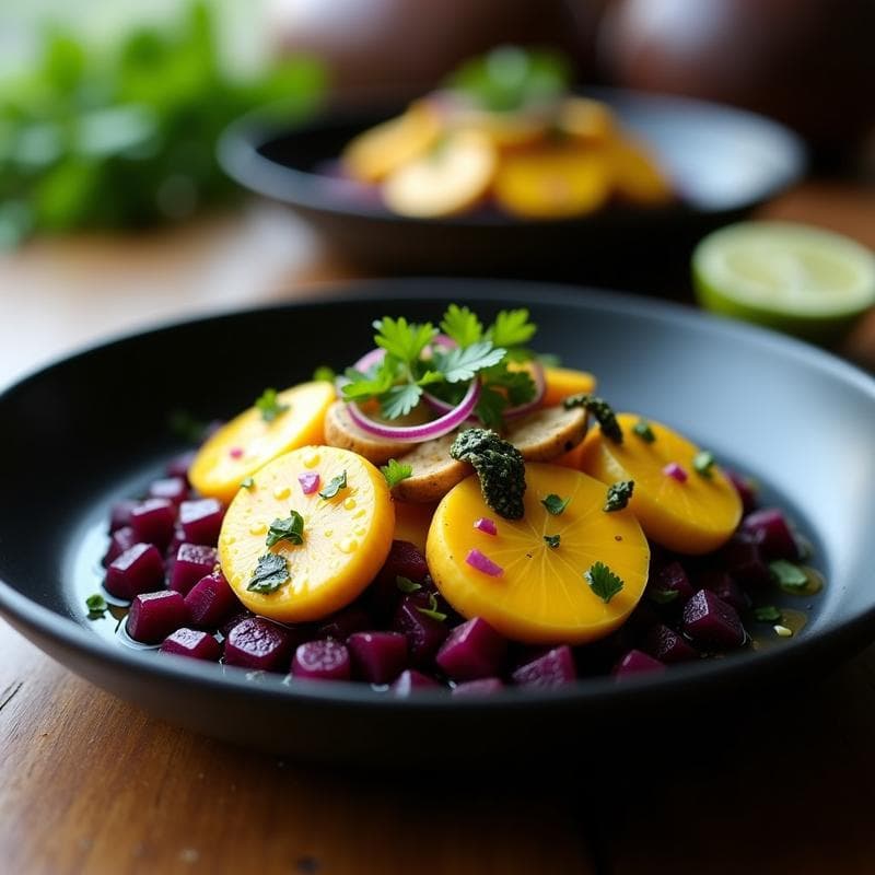 Plato hondo de cerámica negra con ceviche de hongos ostra marinados en leche de tigre de maracuyá, base de maíz morado y camote, decorado con algas nori y cilantro fresco. Receta vegana peruviana fresca y colorida.