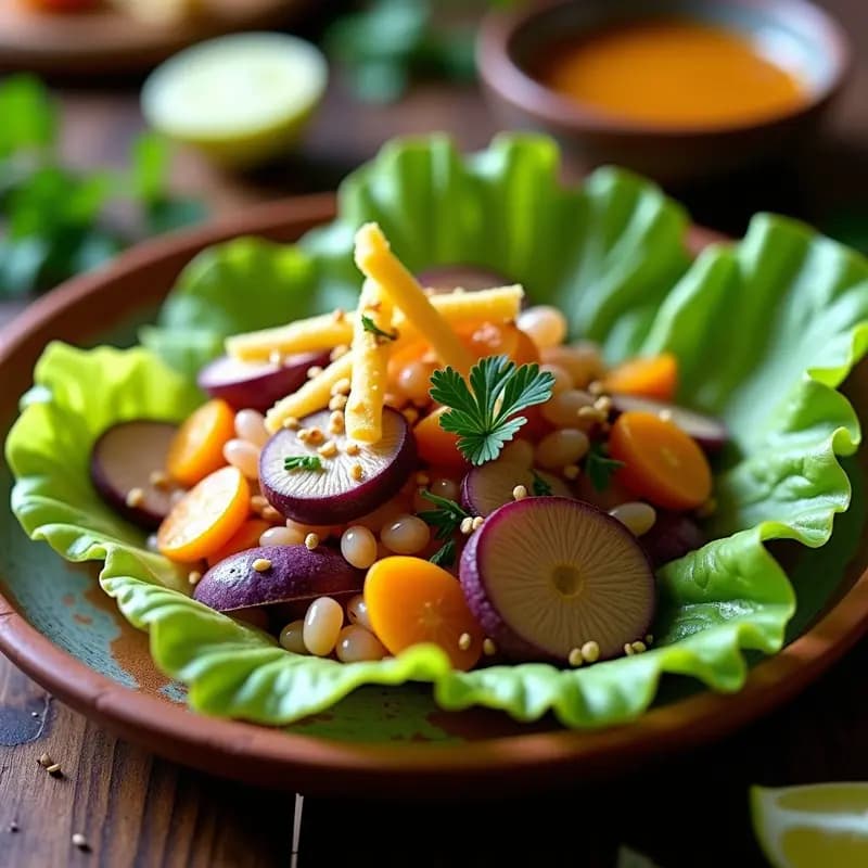Ceviche de hongos ostra y lulo vegano servido en hojas de lechuga romana, acompañado de rodajas de camote morada y bastones de yuca dorados. Decorado con semillas de sésamo y cilantro fresco sobre un plato de cerámica rústica.