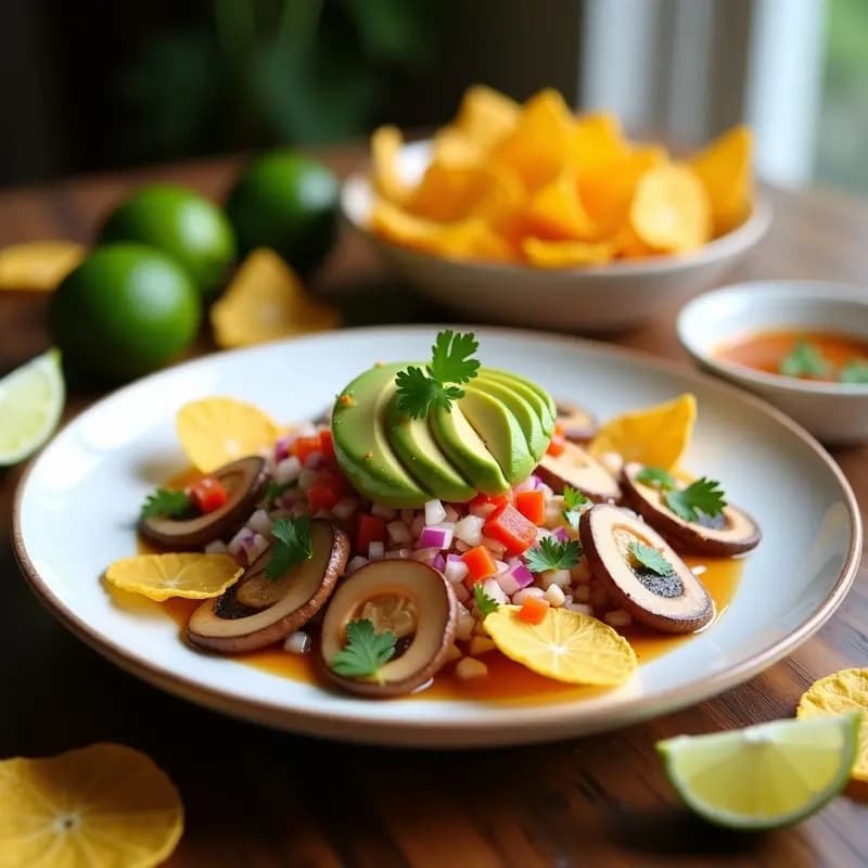 Plato blanco con ceviche de hongos ostra marinado en jugo de ceviche mix, acompañado de chifles dorados en el borde, aguacate en cubos y cilantro fresco. Receta ecuatoriana vegana y sin cocción.