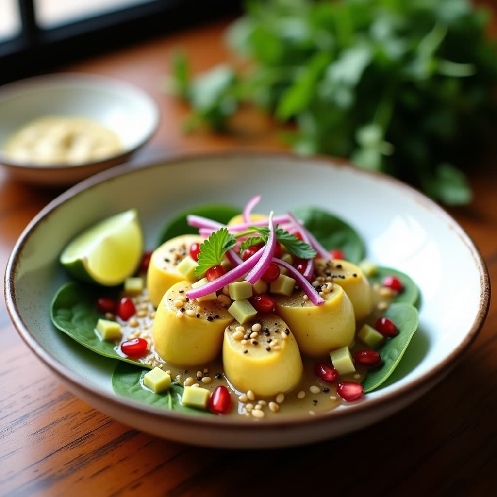 Ceviche vegano peruano de hongos ostra en láminas marinados en coconut milk, servido sobre hojas verdes con aguacate, semillas de sésamo y granos de granada. Plato fresco, colorido y con toque exótico.