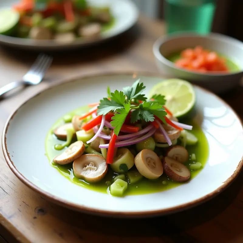 Ceviche vegano de hongos ostra en láminas finas marinados en leche de tigre de algas, con cebolla morada, pimiento rojo y apio. Decorado con cilantro fresco y rodajas de lima sobre un plato blanco rústico.