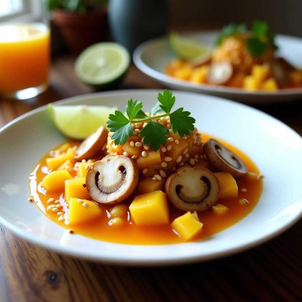 Plato blanco de cerámica con ceviche de hongos ostra en láminas finas, bañados en salsa de mango y chile de árbol, decorado con semillas de sésamo y cilantro fresco. Rodajas de lime al lado y fondo de mesa rústica de madera.