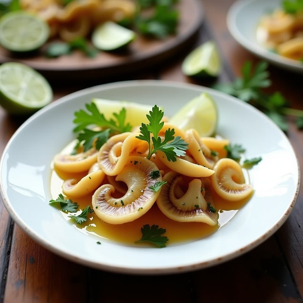 Ceviche vegano peruano de hongos oyster laminados, marinados en jugo de lima y ají limón, servido en plato blanco con rodajas de lima, ají fresco y cilantro. Textura fresca y vibrante con toques de umami.