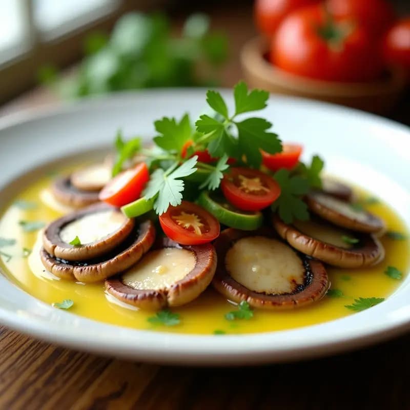 Plato blanco con ceiche de hongos portobello marinados en leche de tigre de limón y jengibre, acompañado de cebolla morada, tomate perla y cilantro fresco. Receta vegana y sin gluten.