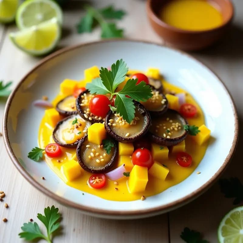 Ceviche crudivegano de hongos portobello marinado en leche de tigre de ají amarillo, con cubos de mango maduro, cebolla morada, tomate y semillas de sésamo, servido en plato de cerámica blanca con decoración de hojas de culantro.