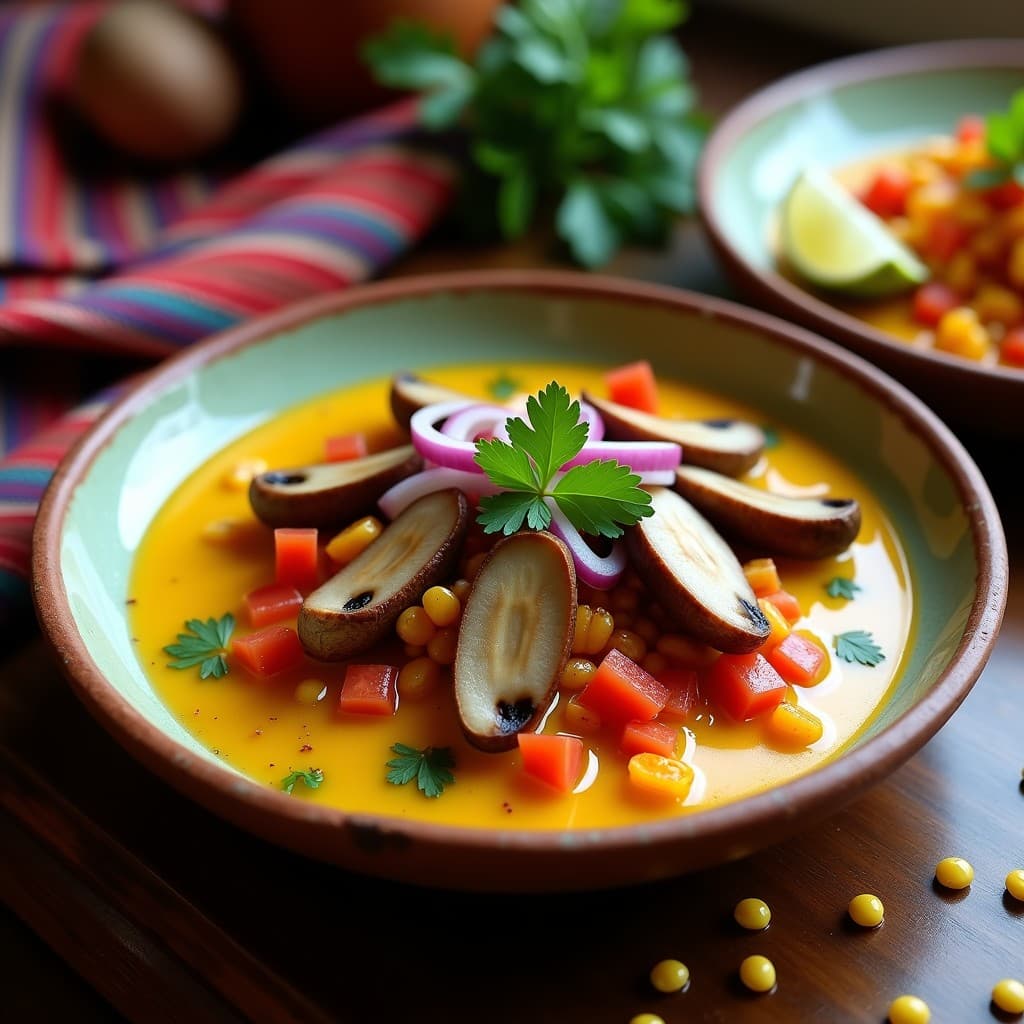 Plato de ceviche vegano peruano con láminas de hongos portobello marados, trozos de tomate de árbol rojo, cebolla morada y cilantro, bañado en leche de tigre amarilla. Acompañado de rodajas de camote morado y maíz tostado sobre un fondo rústico.