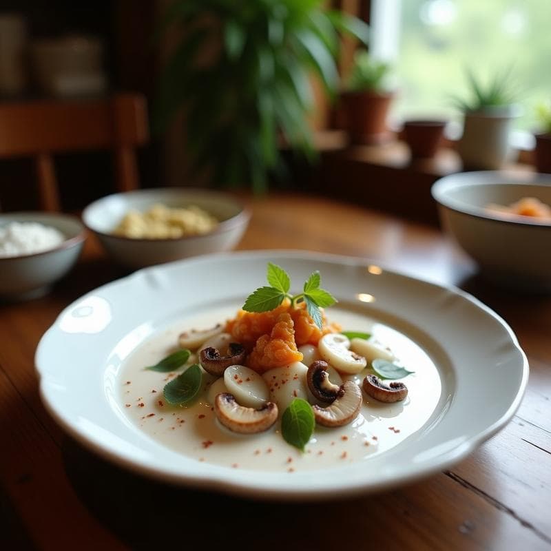 Ceviche de hongos shiitake con leche de coco servido en copa de cristal, con láminas de hongo marinado, cubos de aguacate, maíz dulce y cilantro fresco, sobre fondo rústico de madera.