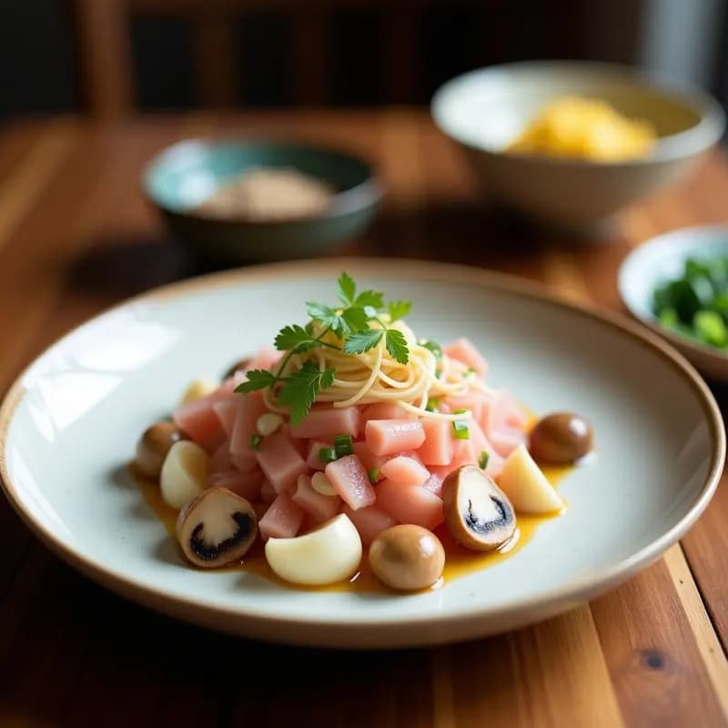 Ceviche de hongos shimeji y algodón de azúcar salado servido en copa de cristal transparente, con capas de hongos marinados en leche de tigre, cebolla morada, apio y zanahoria en juliana, coronado con algodón de azúcar blanco espolvoreado con sal marina, decorado con hojas de culantro fresco.