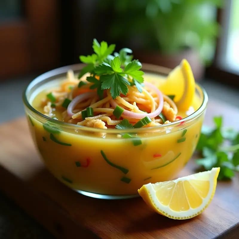Copa transparente con ceviche de jackfruit en escabeche, marinado en limón y cilantro, acompañado de rodajas de limón y hojas de cilantro fresco. Plato vegano refrescante y colorido.