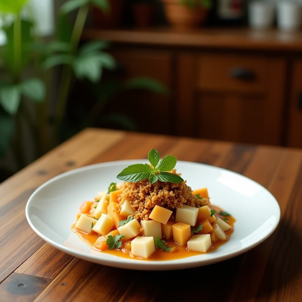 Plato de ceviche vegano caribeño con jackfruit desmenuzado en leche de coco, cebolla morada, pimiento rojo y cilantro, acompañado de crujientes bastones dorados de cassava (yuca) espolvoreados con sésamo. Presentación fresca y colorida sobre fondo rústico de madera.