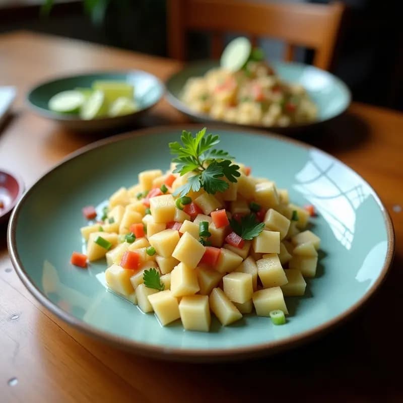 Plato blanco con ceviche de jackfruit en trozos, bañado en leche de coco y lima, acompañado de cebolla morada, tomate, pimiento verde y cilantro fresco. Decorado con rodajas de lima y cacahuetes picados.