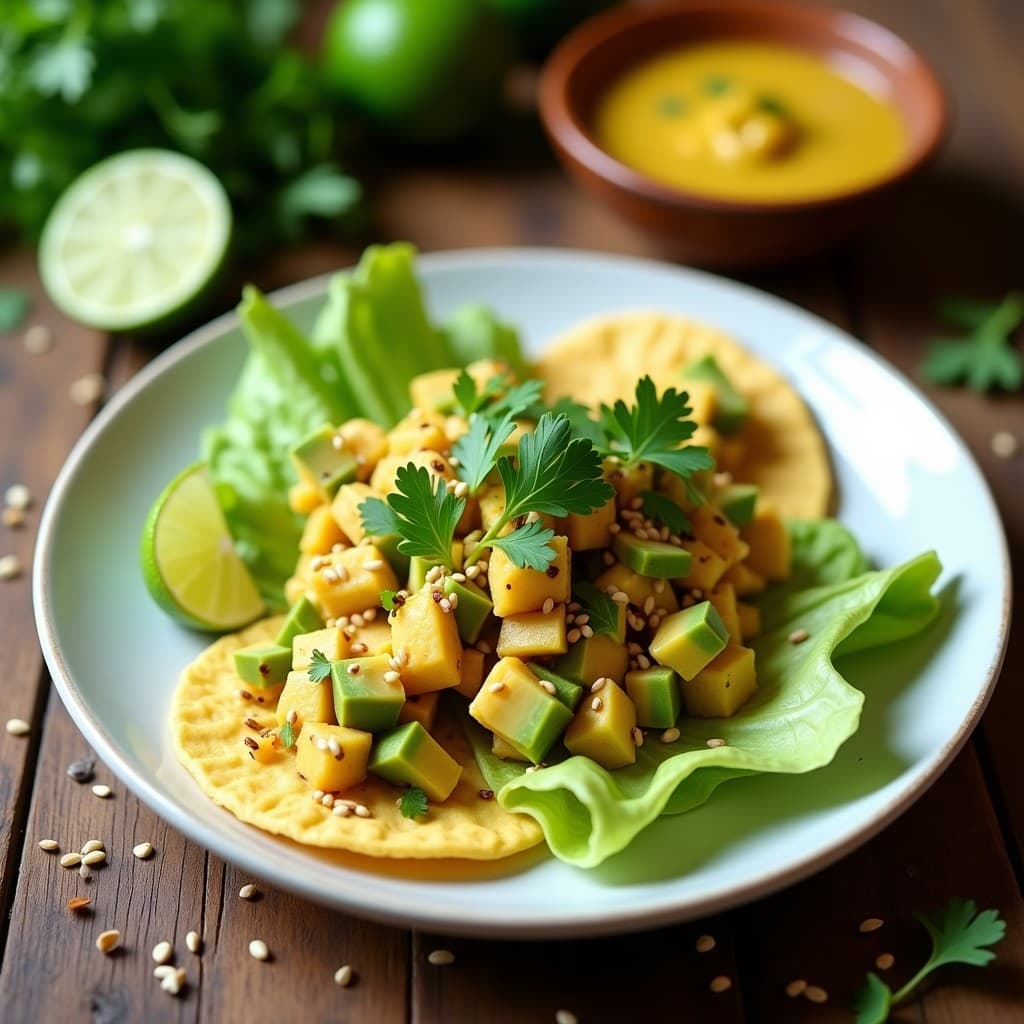 Plato blanco con ceiche de jackfruit al lime y cilantro, servido sobre hojas de lechuga romana y tostadas de maíz. Decorado con cubos de aguacate, cilantro fresco y semillas de sésamo tostadas. Fondos de lime y ají amarillo en la mesa.
