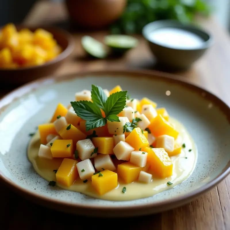 Cevi-ceviche de jackfruit y mango con leche de coco servido en plato blanco hondo, con trozos de aguacate, cebolla morada, pimiento rojo, cilantro fresco y decoración de cacahuetes y semillas de sésamo. Fondos coloridos y texturas cremosas y crujientes.
