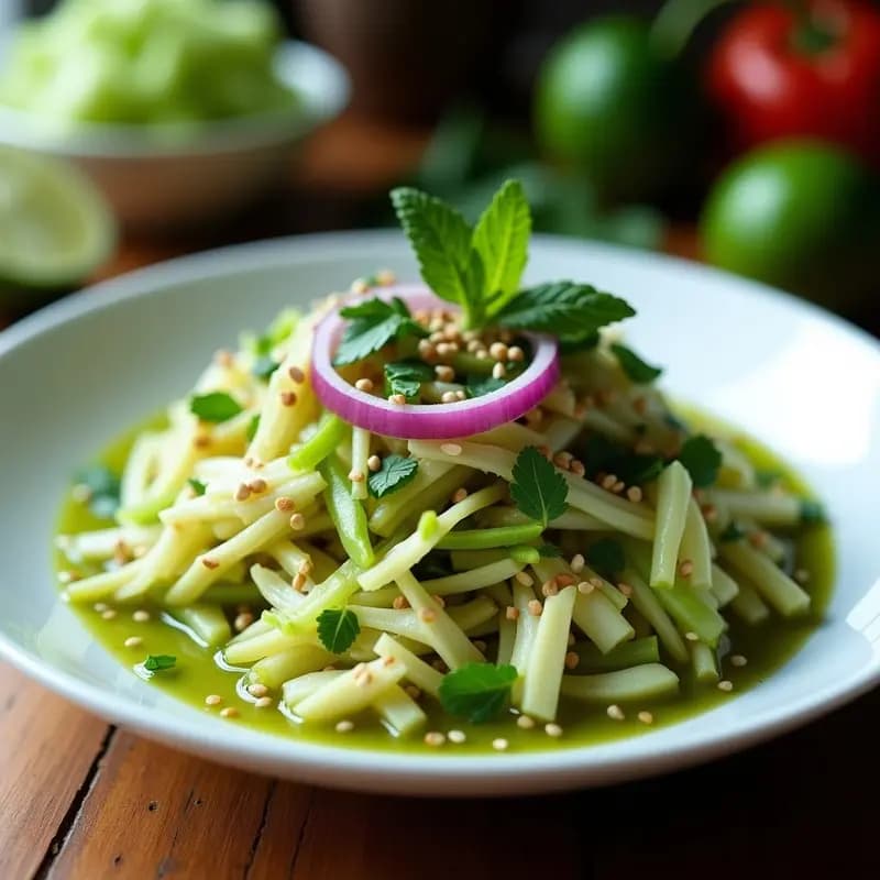 Plato blanco hondo con ceviche de jackfruit desmenuzado, lechuga romana en juliana, cebolla morada y cilantro, bañado en salsa de limón verde. Decorado con semillas de sésamo y hojas de menta sobre fondo rústico de madera.
