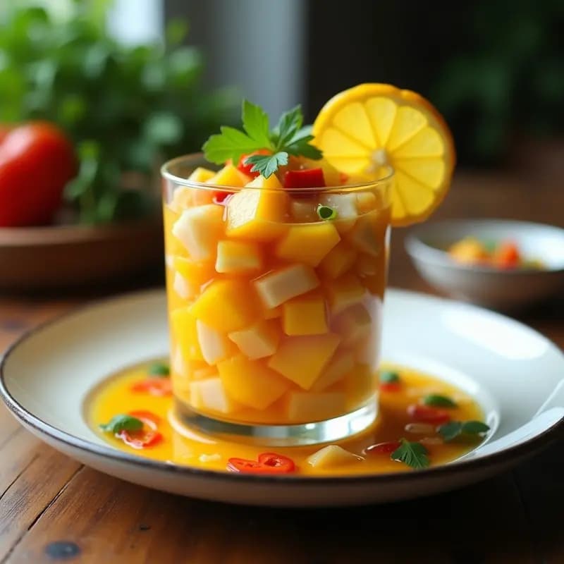 Ceviche de Lane Snapper con mango y ají amarillo servido en copa de cristal transparente, con cubos de mango dorado, cebolla morada en juliana y cilantro fresco. Plato ecuatoriano vibrante y fresco sobre fondo de madera rústica.