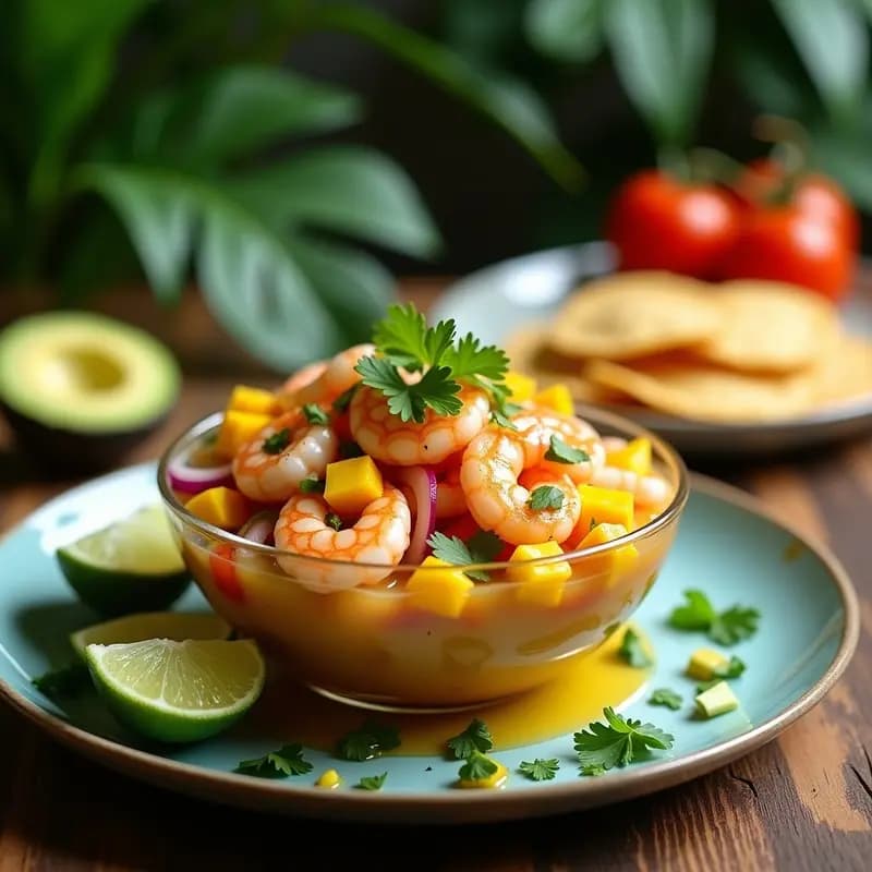 Ceviche costarricense de langostinos rosados marinados en leche de tigre con naranja agria, acompañados de cubos de mango maduro, aguacate cremoso, cebolla morada y cilantro fresco. Servido en copa de cristal con tostadas de maíz al lado.