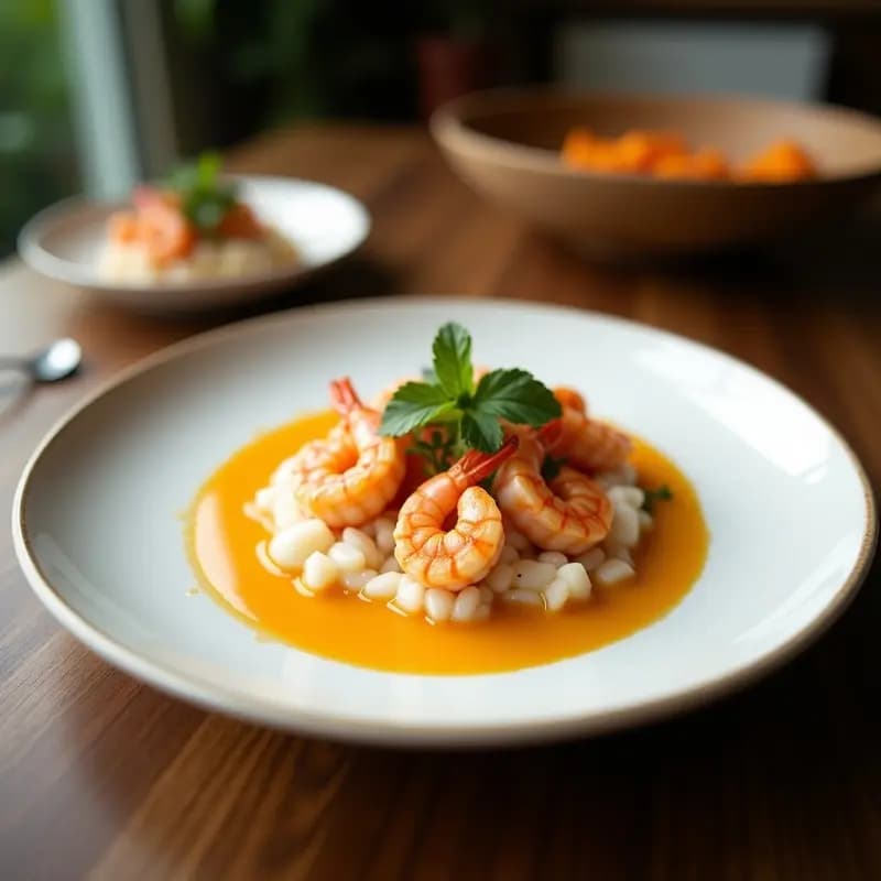 Ceviche de langostinos y coco servido en copa de cristal con leche de tigre de naranja y jengibre, decorado con coco rallado tostado y cilantro fresco. Plato colorido y fresco, típico de la cocina ecuatoriana.