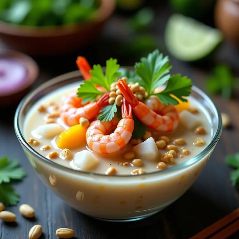 Ceviche de langostinos y leche de coco servido en copa de cristal transparente, con langostinos rosados marinados en una salsa cremosa blanca, decorado con cilantro fresco, cacahuetes triturados y rodajas de limón verde sobre fondo oscuro de madera. Receta peruana-tailandesa con toque cremoso.