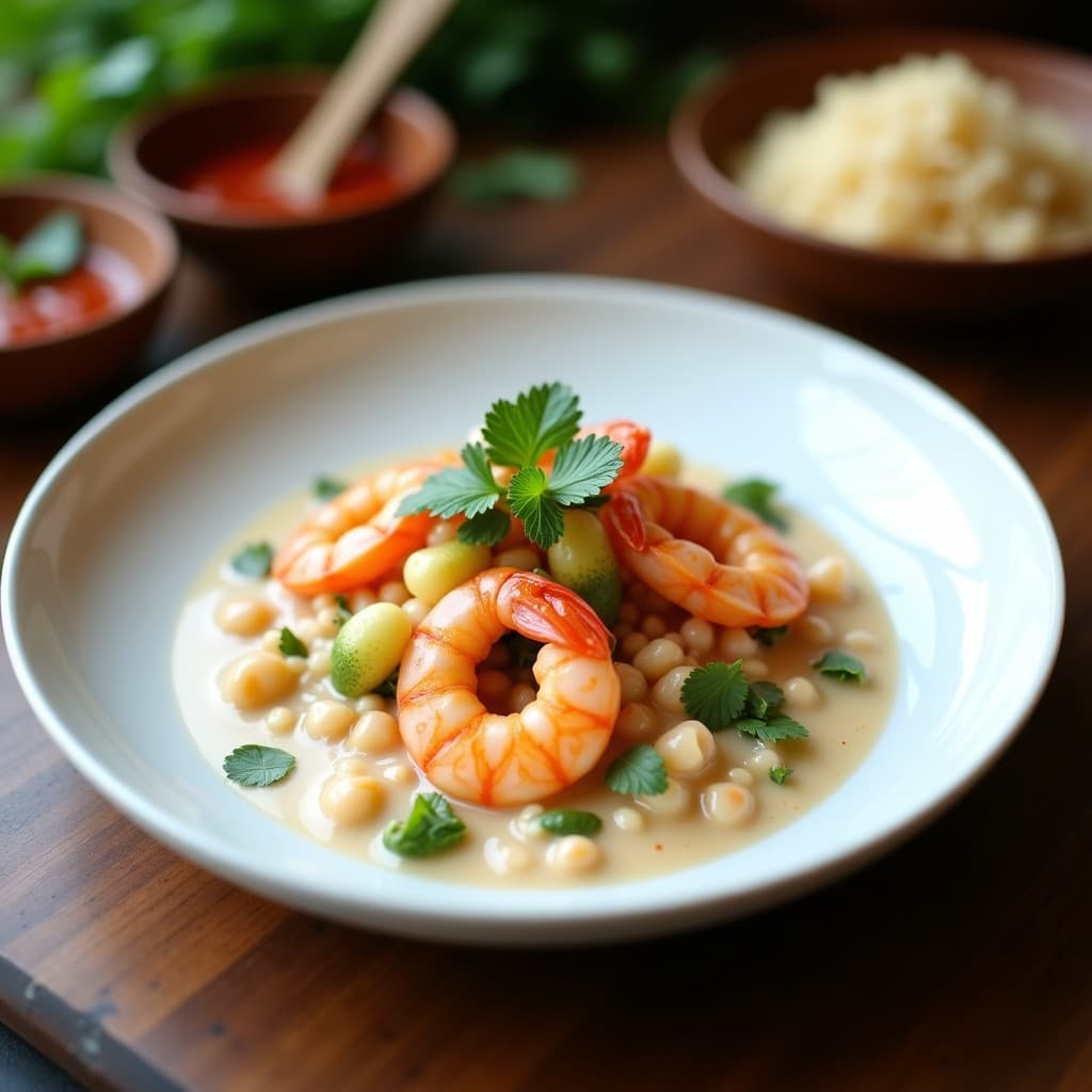 Ceviche de langostinos en copa de cristal con leche de tigre de coco y lima kaffir, decorado con pépitas de granada y hojas de menta fresca, servido sobre mesa de madera con hojas de lechuga morada.