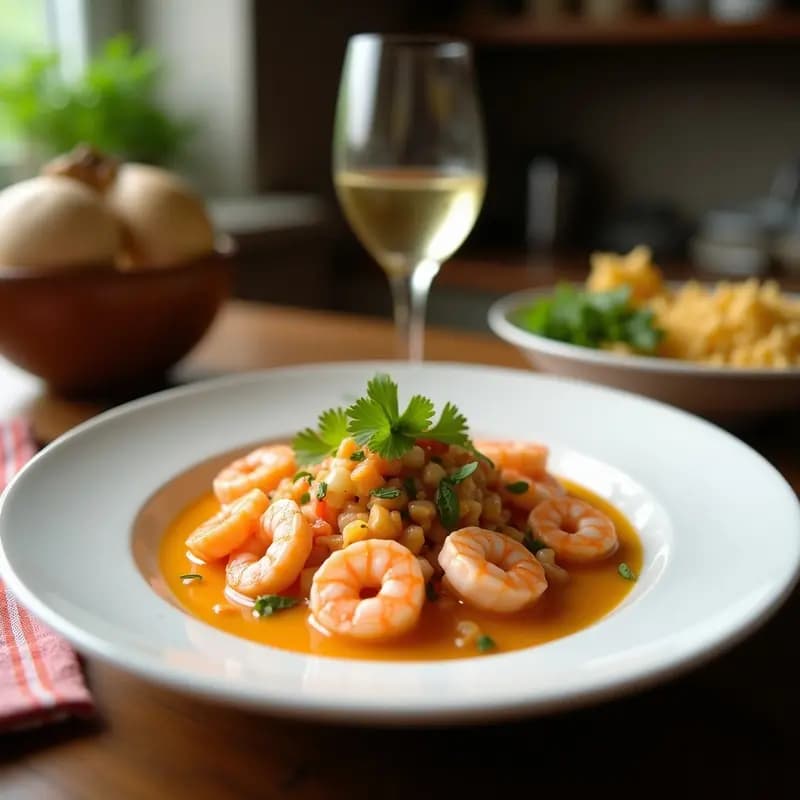 Ceiche de langostinos con leche de coco y limón servido en un bol de cerámica blanca, con trozos de langostino rosa, aguacate verde, cebolla morada, tomate cherry y cilantro fresco. Plato fresco y colorido típico de la cocina ecuatoriana keto, sin cocción.
