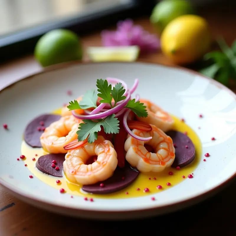 Ceviche peruano de langostinos rosados marinados en leche de tigre amarilla, servido sobre rodajas de camote morado y hojas de lechuga morada, decorado con cebolla roja, cilantro fresco y granos de maíz morado en un plato blanco rústico.