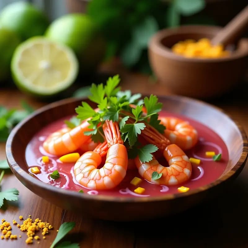 Plato de ceviche de langostinos frescos en leche de tigre de guayaba, decorado con rodajas de guayaba, cebolla morada, cilantro y ají amarillo, servido en bowl de madera con toques de limón verde.