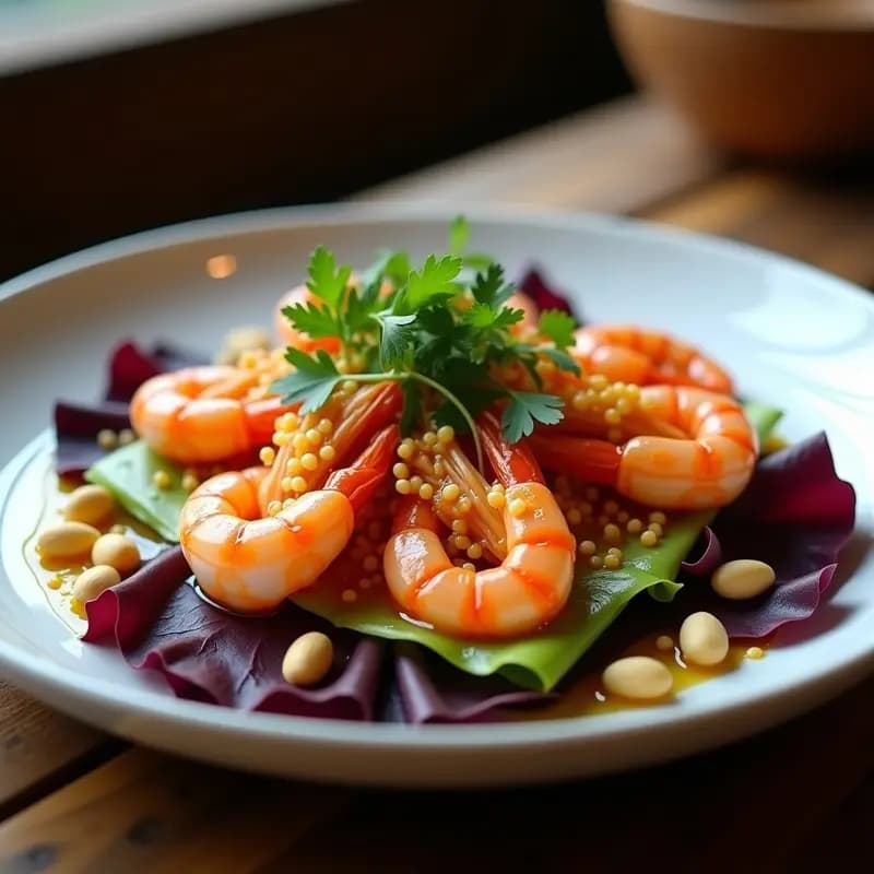 Plato elegante de ceiche de langostinos con leche de tigre de lulo, servido sobre hojas de lechuga morada, rodajas de camote morado y espolvoreado con maní tostado molido. Incluye trozos de apio y cilantro fresco, con un fondo que resalta los colores vibrantes del lulo y el marinado.