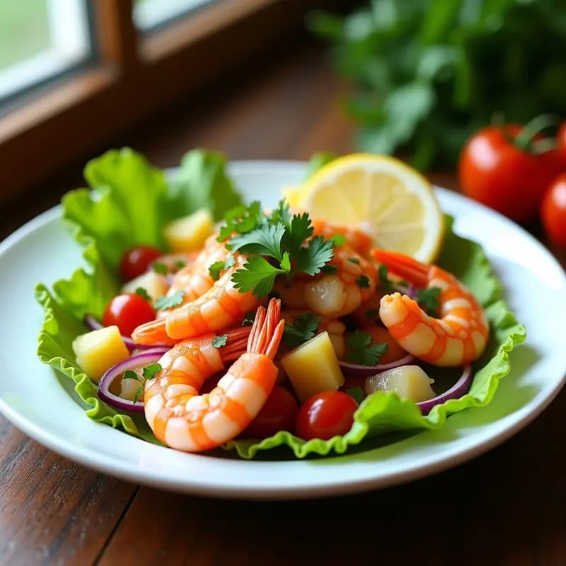 Plato blanco con ceviche de langostinos rosados marinado en leche de tigre de lulo, acompañado de papa chola, tomate cherry, cebolla morada y cilantro fresco sobre hojas de lechuga. Receta ecuatoriana fresca y baja en calorías.