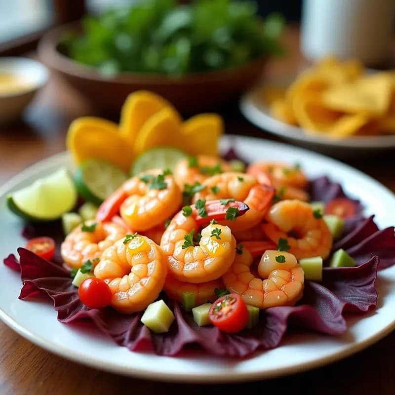 Plato de ceiche de langostinos con lulo y culantro servido sobre hojas de lechuga morada, decorado con chips de plátano verde, tomates cherry y rodajas de limón verde. Receta ecuatoriana sin cocción, fresca y vibrante.