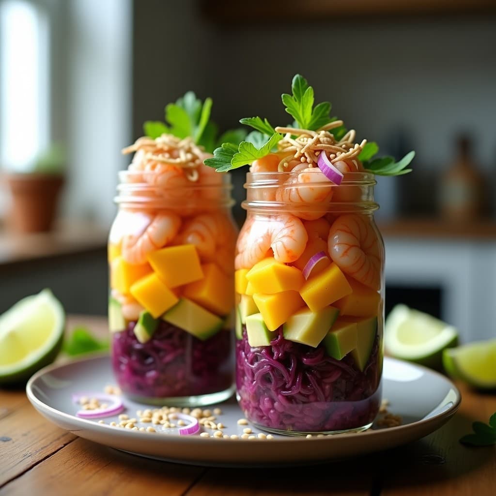 Dos vasos de cristal transparente con capas de ceviche de langostinos, mango y aguacate, decorados con cilantro y semillas de sésamo. Los vasos están sobre una mesa de madera rústica con rodajas de limón al lado. Receta peruana en vaso para llevar.