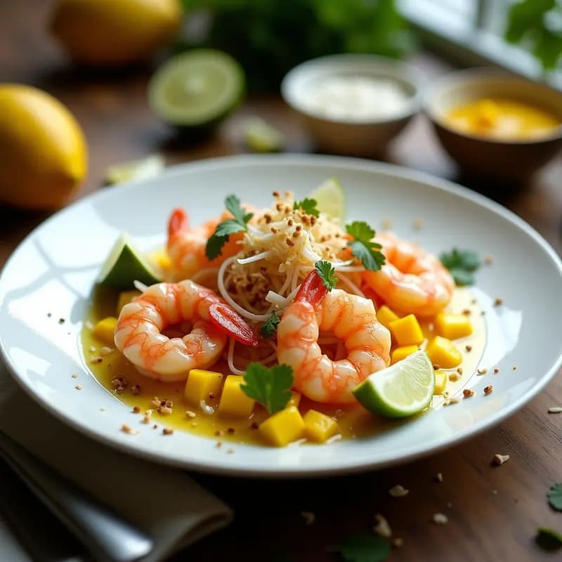 Ceviche de langostinos con mango y cúrcuma servido en plato blanco, decorado con coco tostado, cilantro fresco y rodajas de limón verde. Receta Peruan-Thai fusion sin lactosa.