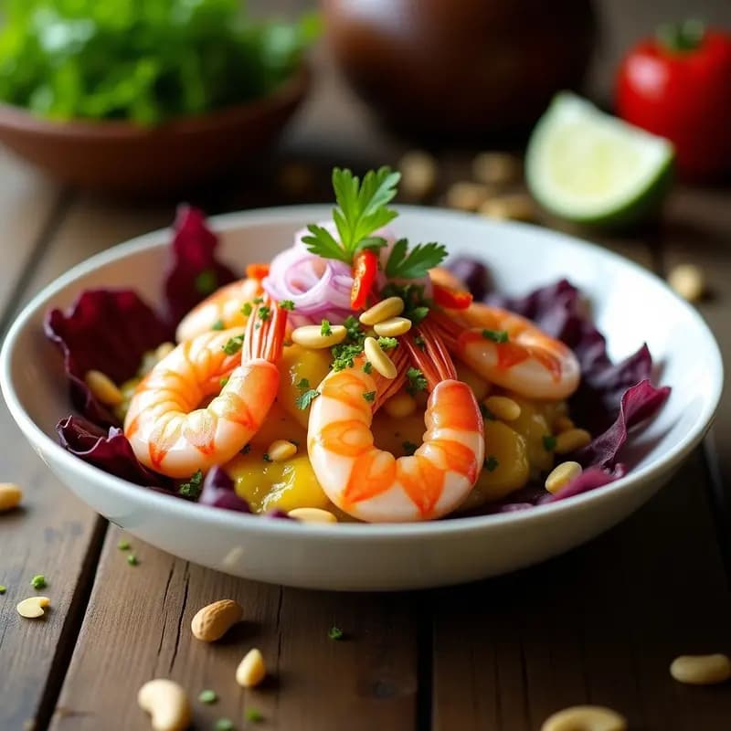 Plato hondo de cerámica blanca con ceviche de langostinos rosados marinado en salsa cremosa de maracuyá y cacahuete, decorado con cacahuetes picados, cebolla morada y cilantro fresco sobre hojas de lechuga morada. Receta ecuatoriana fresca y exótica.