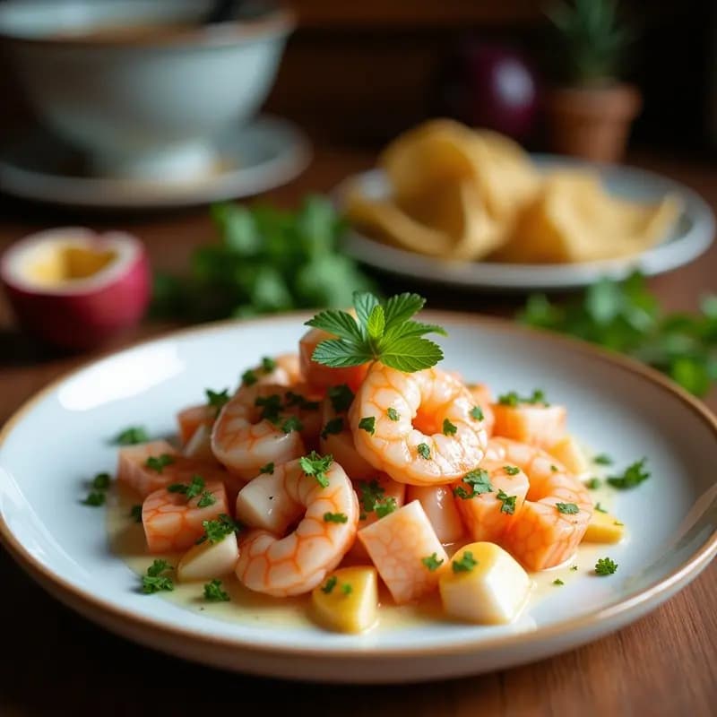 Ceviche vegano peruano de langostinos de konjac y maracuyá con leche de coco, servido en copa de cristal con rodajas de pepino, brotes de alfalfa y semillas de sésamo, sobre fondo rústico de madera.