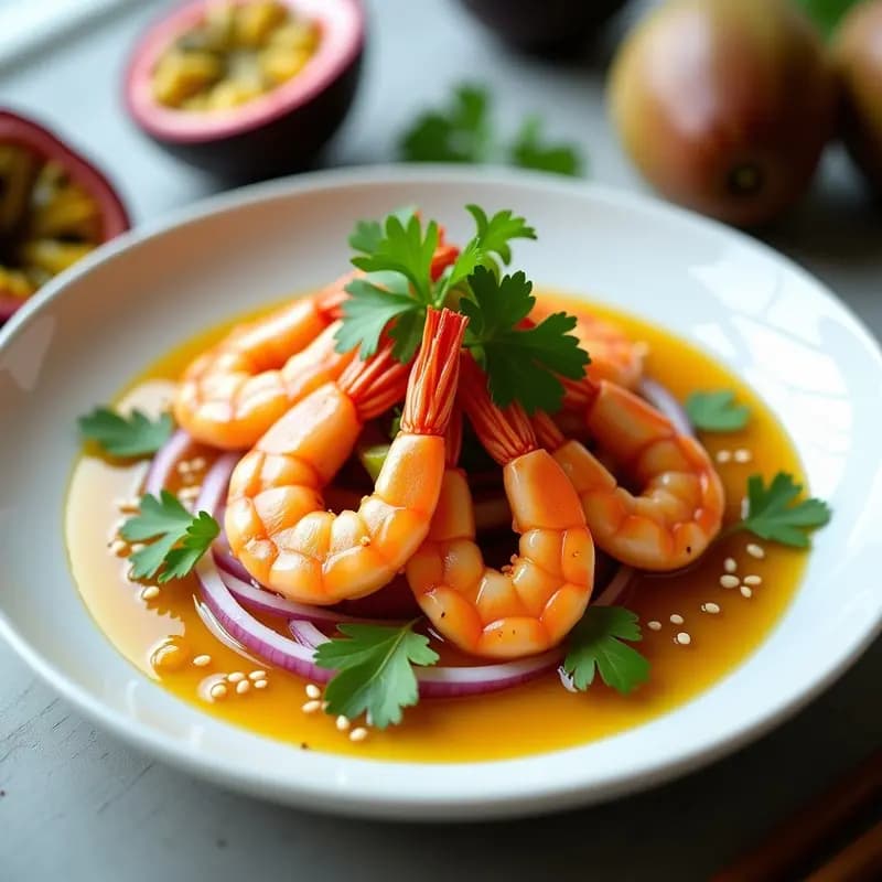 Ceviche de langostinos y maracuyá con leche de tigre de jengibre servido en plato blanco, con langostinos rosados, cebolla morada, cilantro fresco y semillas de sésamo espolvoreadas. Receta Nikkei expres en 15 minutos.