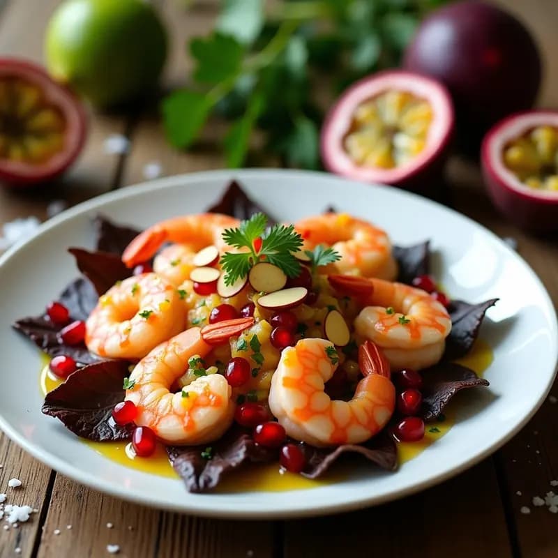 Plato blanco rectangular con ceviche de langostinos y maracuyá ecuatoriano, langostinos troceados bañados en salsa amarilla de maracuyá y limón, acompañados de cebolla morada, tomate cherry y culantro fresco. Al lado, rodajas de yuca hervida y tostadas de plátano verde. Decorado con hojas de cilantro y gajos de limón verde.