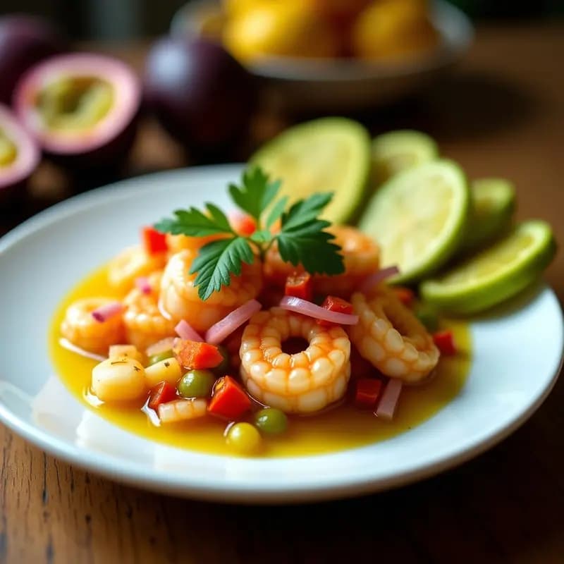 Ceviche de langostinos y maracuyá servido en plato blanco con chips dorados de plátano verde, cebolla morada y cilantro fresco. Receta ecuatoriana sin cocción, fresca y vibrante.