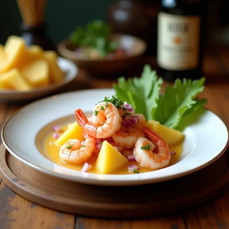 Ceviche nicaragüense servido en copa de cristal con langostinos rosados, cubos de piña amarilla, cebolla morada y hojas de menta, bañado en leche de coco cremosa. Fondo borroso con tostadas de maíz y rodajas de limón.