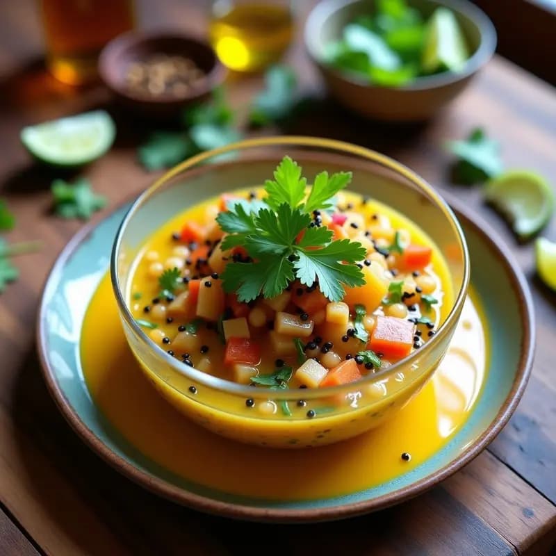 Ceviche vegano de coral de lentejas germinadas con leche de tigre amarilla, servido en copa de cristal sobre fondo de hojas de cilantro. Incluye cebolla morada, apio, semillas de sésamo negro y hielo picado. Plato colorido y fresco, típico de la cocina peruana innovadora.