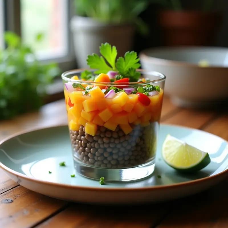 Ceviche de lentiillas beluga y pimiento amarillo servido en copa de cristal, con trozos de pimiento amarillo, cebolla morada y cilantro fresco. Plato fresco, vegano y alto en hierro, típico de la cocina peruana.