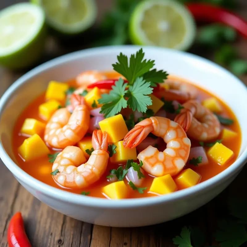 Ceviche colombiano agridulce con camarones rosados y cubos de mango dorado en un plato blanco, decorado con hojas de hierbabuena y cebolla morada en juliana, con un fondo de limas cortadas y cilantro fresco.