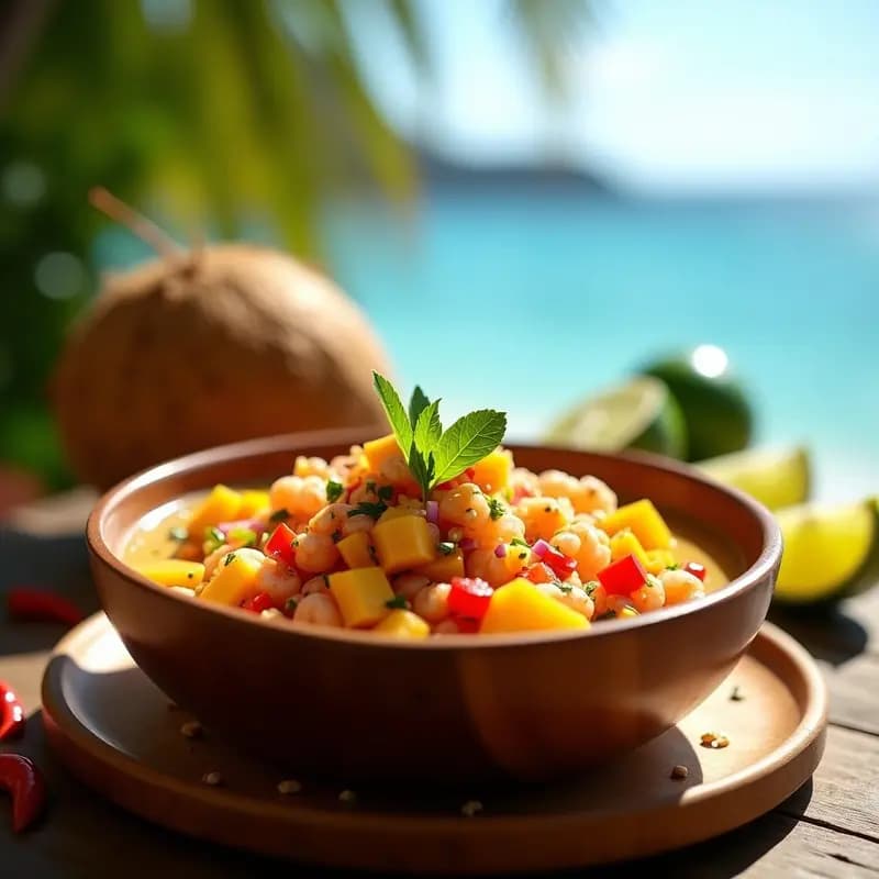 Ceviche de mango y camarones al Kokoda servido en un bol de madera con decoración de anacardos triturados, hierbas frescas y rodajas de limón, mostrando los colores vibrantes del mango naranja, camarones rosados y leche de coco cremosa.