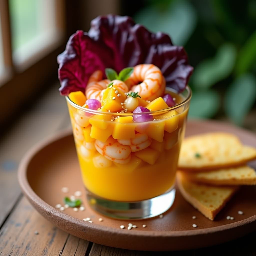 Ceviche de mango y camarones servido en vaso transparente con leche de tigre de maracuyá y ají amarillo, decorado con hoja de lechuga morada y semillas de sésamo, sobre fondo rústico de madera con tostadas de maíz al lado.