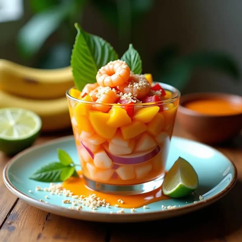 Ceviche de mango maduro en cubos y langostinos cocidos frescos en un bowl de cristal, bañado en salsa vibrante de chile habanero, cilantro fresco y lima. Acompañado de hojas de lechuga morada y rodajas de aguacate, sobre una mesa de madera con toques tropicales.