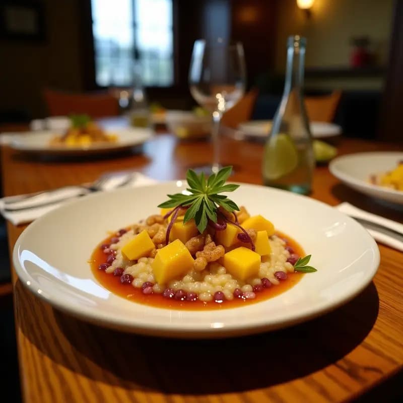 Plato blanco con ceviche de mango y pepino en cubos, mezclado con cebolla morada y cilantro, coronado con granos de maíz morado tostado. Receta colombiana fresca y colorida.