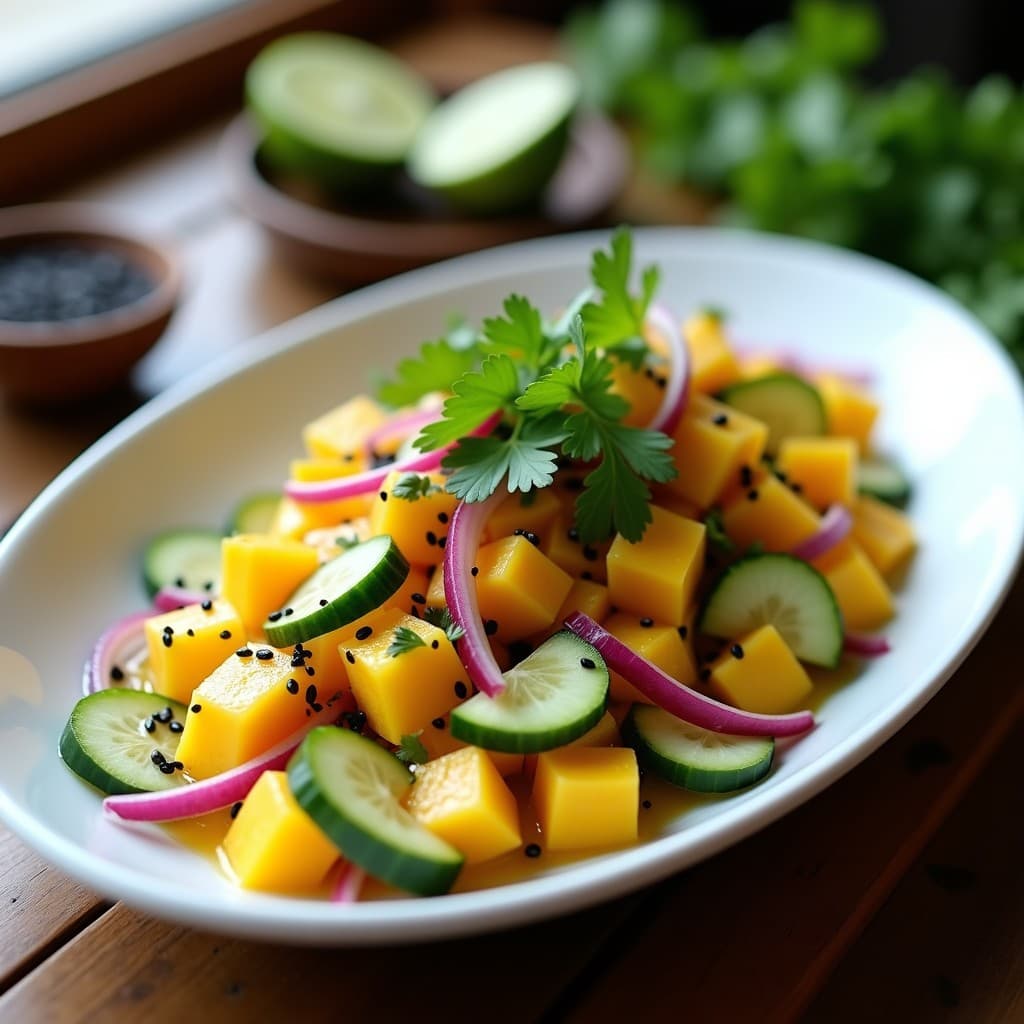 Plato blanco ovalado con ceviche de mango y pepino con lechuga de mar, decorado con semillas de sésamo negro y cilantro fresco, servido sobre hojas de lechuga morada con rodajas de limón verde al lado. Receta peruana vegana fresca.